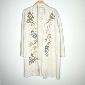 CHICO'S 2 Ivory Cotton Blend Knit Sweater Coat Embroidered Sz L‎ Open Front